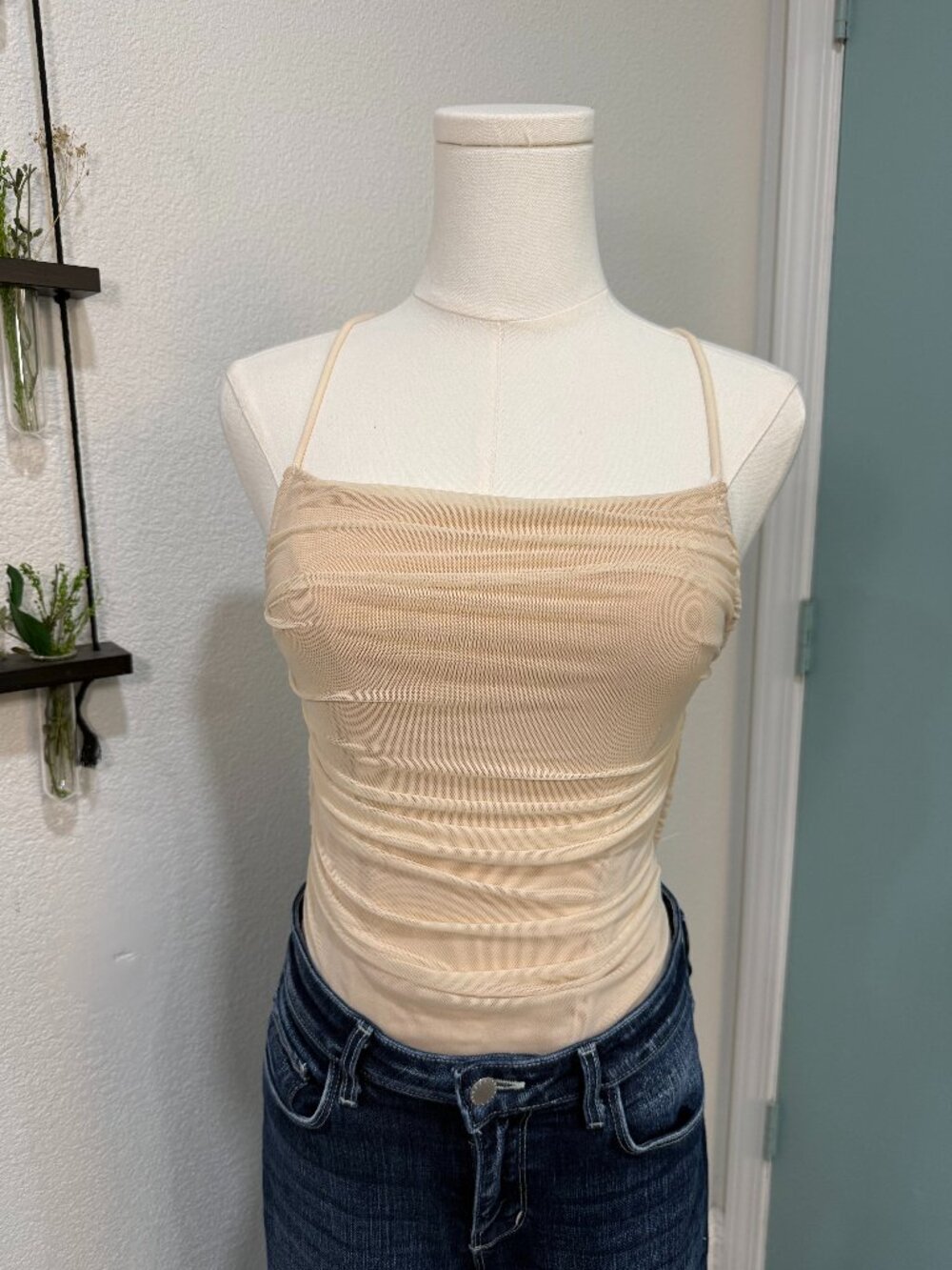 Nude Cream Mesh Bodysuit with Open Tie Back